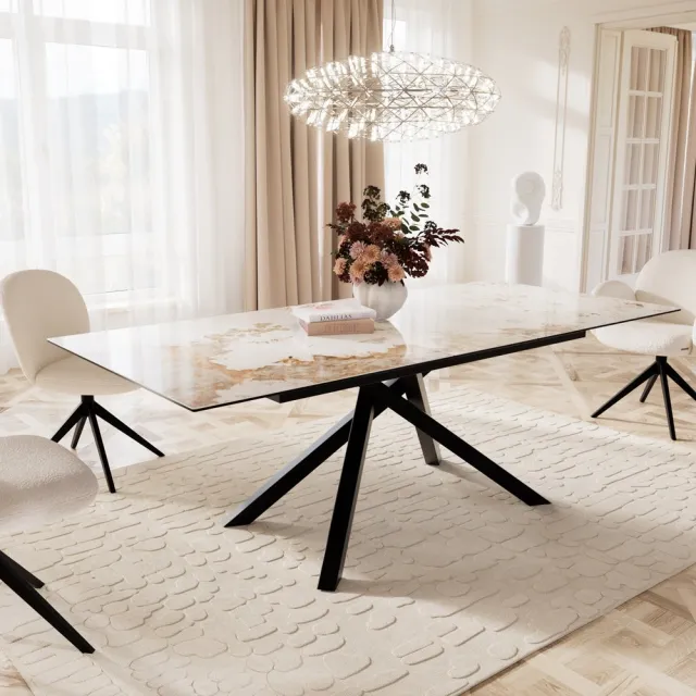DELIFE Eetkamertafel Edge keramiek Minas Melange wit-beige 180-220x100 kruisframe rechthoek zwart uitschuifbaar Weiß-Beige