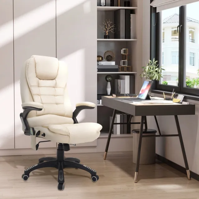 MEUNIQ bureaustoel met 6-punts vibratiemassage en warmtefunctie, 360° draaibaar, in hoogte verstelbaar 44-54 cm, kunstleer beige, met armleuningen