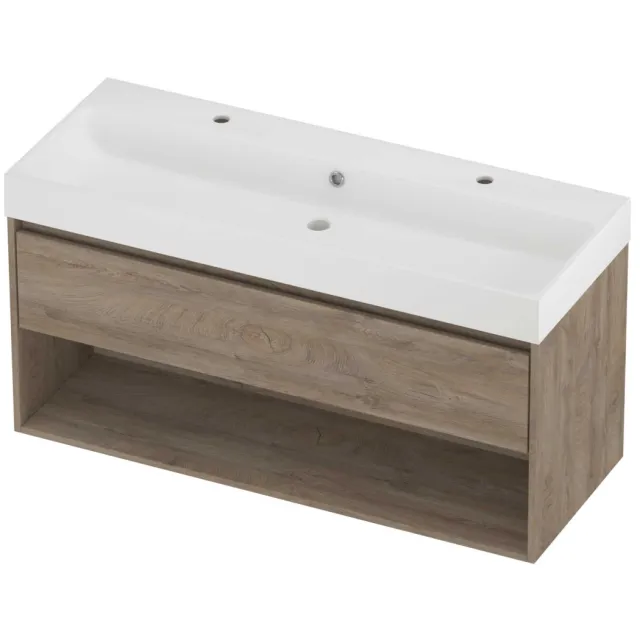 Proline Podium Badmeubelset Polystone Loft 2 Kraangaten Met Schap 120x46x62 cm Mat White Raw Oak Eiken