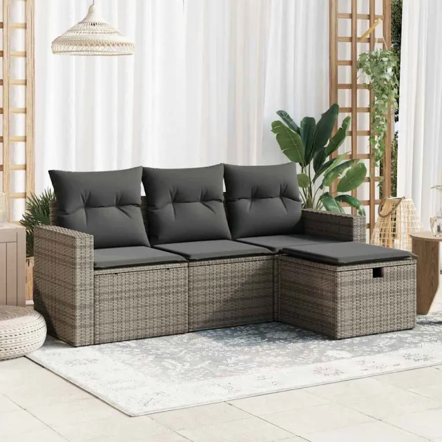 vidaXL 4-delige Loungeset met kussens poly rattan lichtgrijs grijs, foto 2