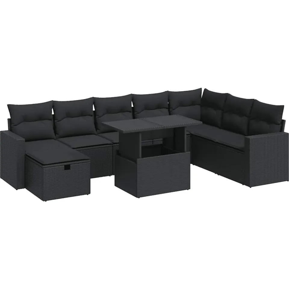 vidaXL 9-delige Loungeset met kussens poly rattan zwart, foto 3