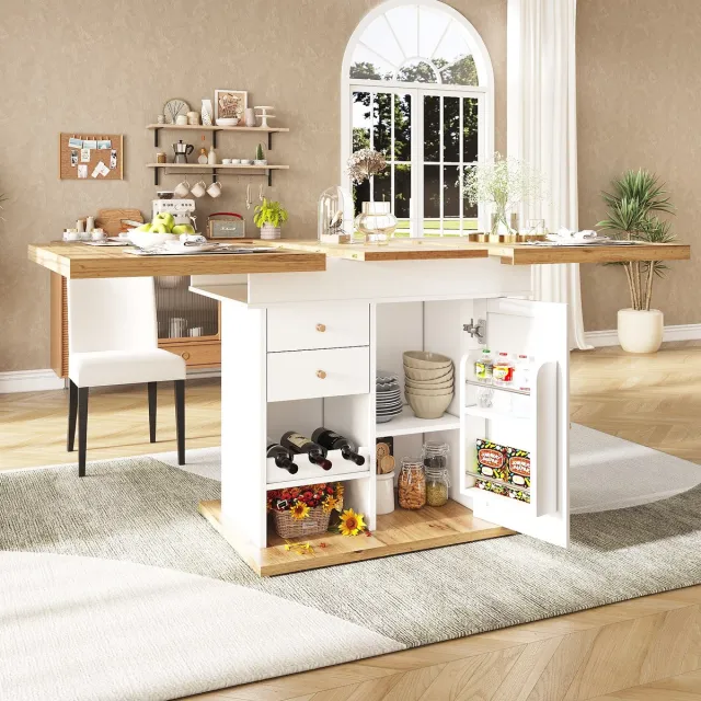 DESMIU Uitschuifbare Eettafel Met Opbergruimte Voor Keuken En Woonkamer Van MDF Met Metalen Grepen In Wit En Naturel 110 Tot 140 X 80 X 75 Cm