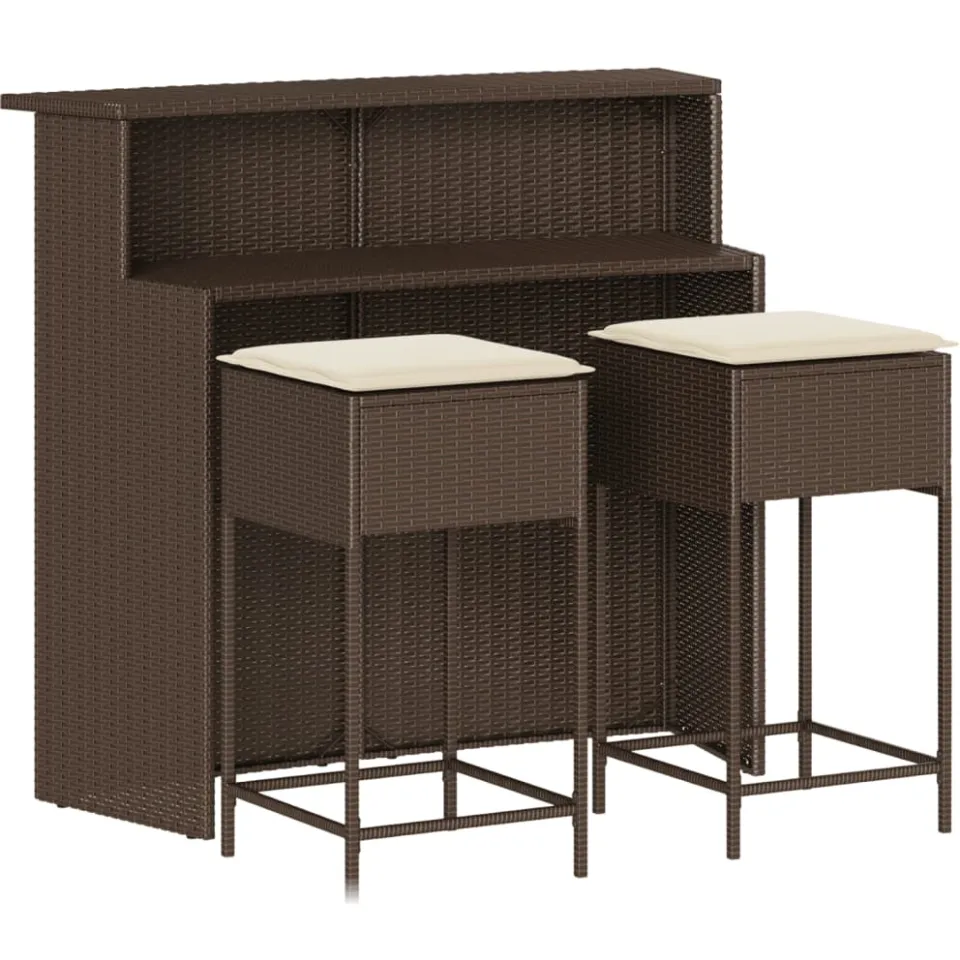 vidaXL 3-delige Tuinbarset met kussens poly rattan bruin, foto 3
