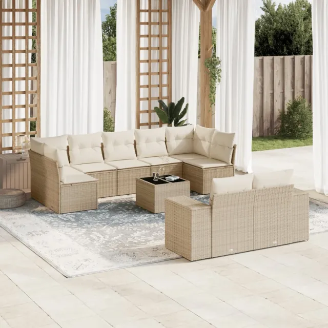 vidaXL 10-delige Loungeset met kussens poly rattan beige, foto 2