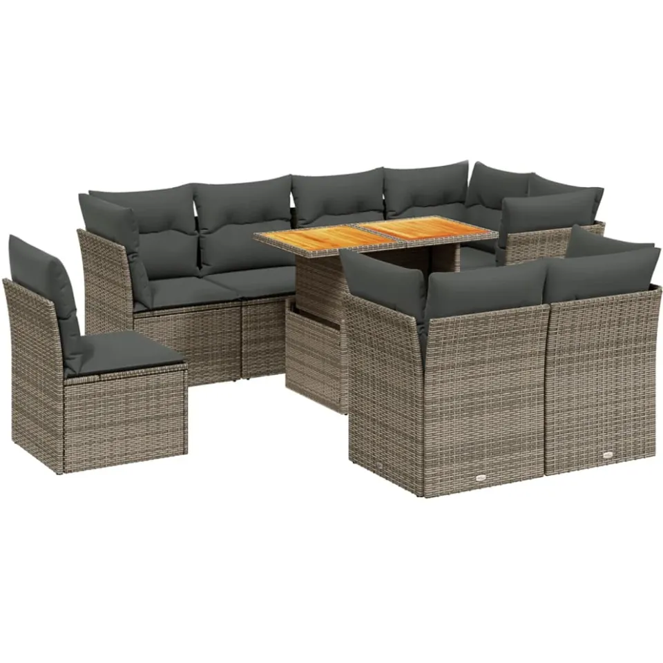 vidaXL 9-delige Loungeset met kussens poly rattan grijs