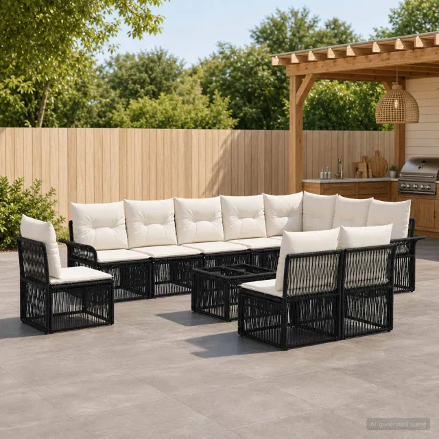 vidaXL Tuinbankenset 11 st 10-zits Zwart poly rattan, foto 2