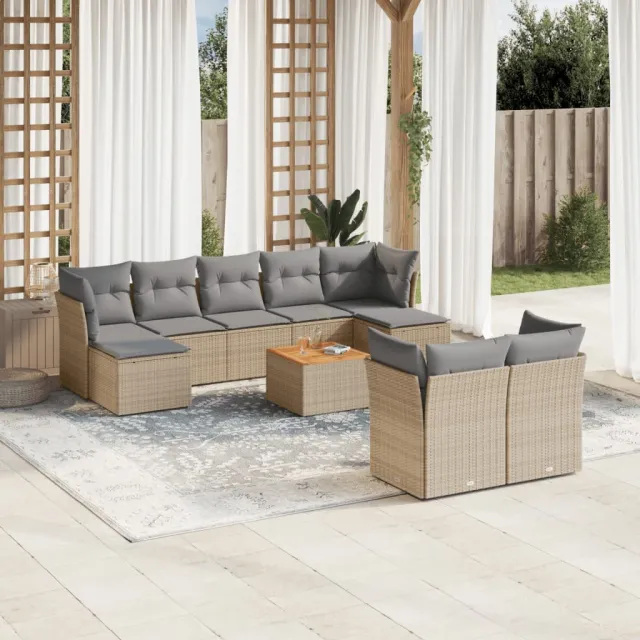 vidaXL 10-delige Loungeset met kussens poly rattan beige, foto 2