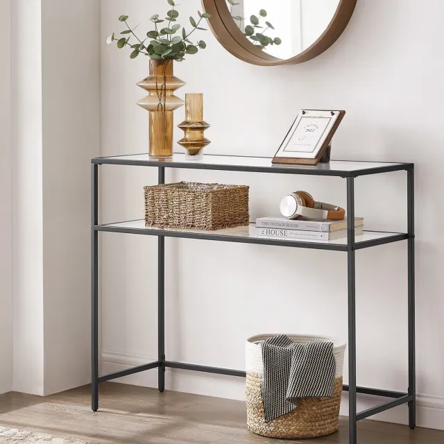 DiBasso Wandtafel - Haltafel - Sidetable - Dressoir - 100 x 35 x 80 cm - Opbergrek - Gehard Glas - Metalen Frame met Verstelbare Poten - Woonkamer - Hal - Zwart Zwart | 2-laags