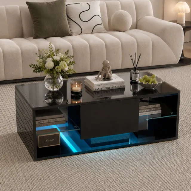 MEXUS Salontafel Glanzende - met hangende led-lichtstrip - salontafels met open schap en lades - Rechthoekige - 100x50x35cm - Moderne woonkamertafels met opbergruimte - Zwart