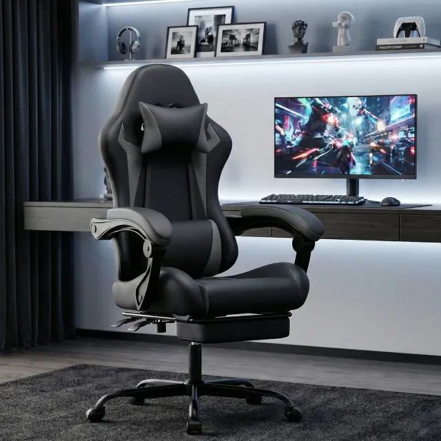 CHICFURN Gamingstoel - Verstelbare rugleuning - Voetsteun - Zwart/grijs