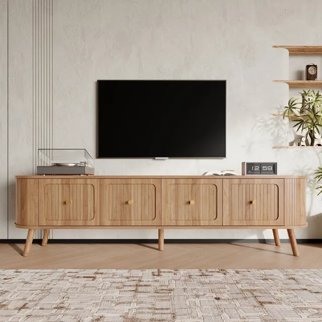 KOMHTOM BLACKCOLORS Moderne tv-kast, tv-standaard, tv-paneel, lage tv-standaard. Vier kastdeuren, gouden handgrepen, houten poten, uniek design. 180 x 38 x 47 cm (L x B x H) Eiken