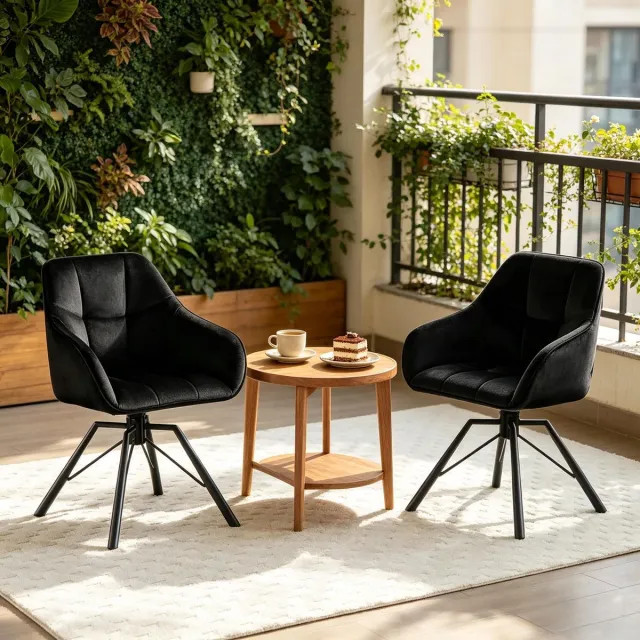 Wishdor Eetkamerstoelenset - Draaibare Eetkamerstoelen - Brede Zitting Met Armleuningen - Fluweel En Metaal - Zwart, Set Van 2