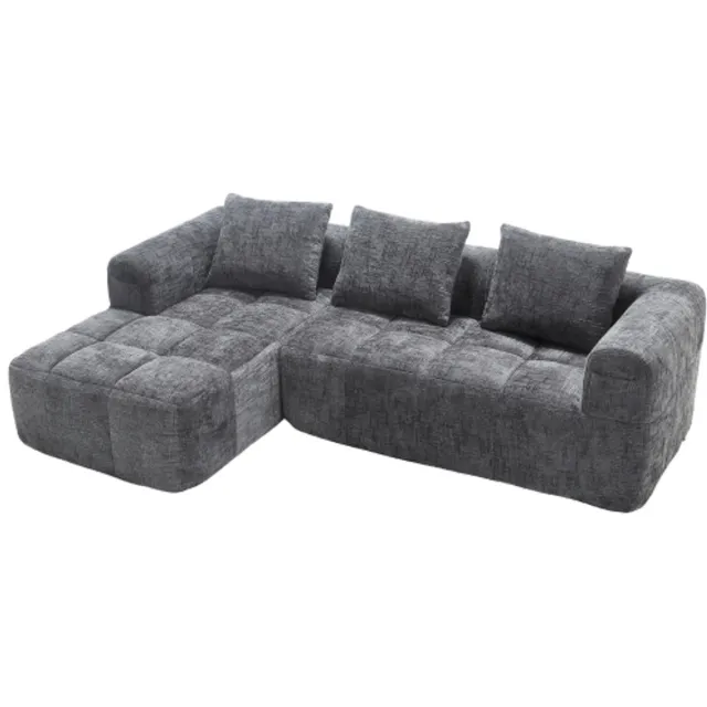 COLAMY Hoekbank - 3-Zitsbank - Chenille Sofa - L-vormig Design - Inclusief Chaise Longue - 3 Kussens - Geen Montage Nodig - Gray Grey