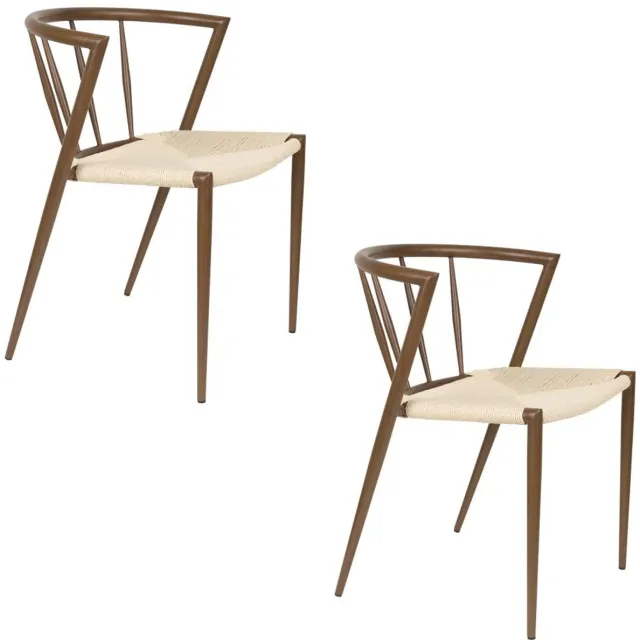 White Label Living Eetkamerstoel CHE walnut- Set 2 - gevlochten zitting - metalen poten - walnoten Poten walnoten bruin en zitting naturel