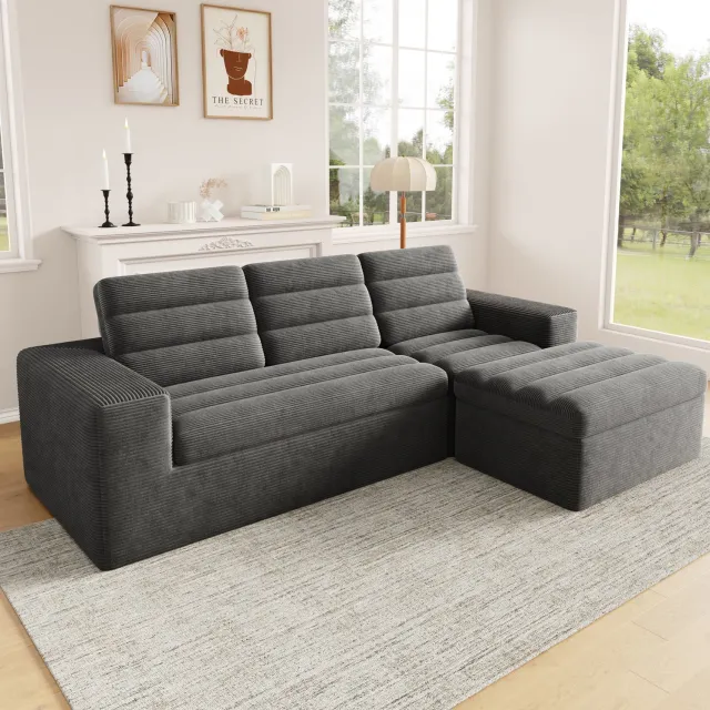 Wishdor Modulaire hoekbank met hocker - Frameloos ontwerp - Zachte ribfluwelen bekleding - Flexibel opstelbaar - Voor woonkamer en appartement - Donkergrijs - 253 x 161 x 89 cm