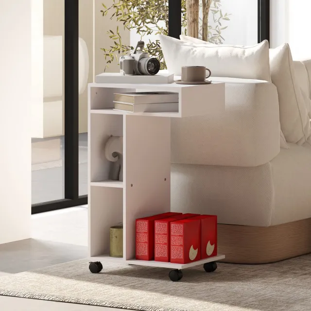 MIVRAY Bijzettafel Met Wieltjes En C Vorm - Ruimtebesparende Salontafel Voor Bank En Bed - Wit Spaanplaat - 40x30x69 Cm