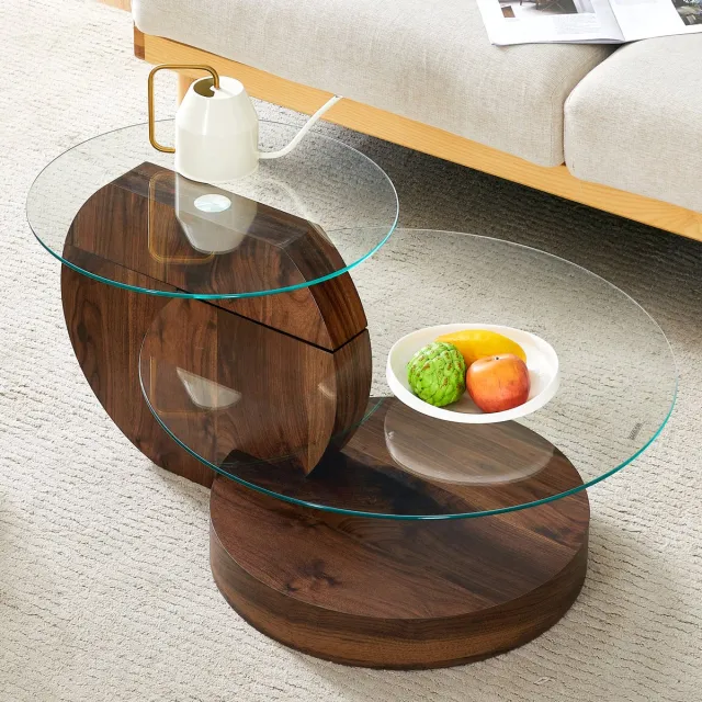 DESMIU Salontafel - Moderne Meerlagen Salontafel Met Gehard Glas En Walnootlook - Voor Woonkamer En Interieur - MDF En Glas - Transparant Walnoot - 50 En 70 Cm Notenhout