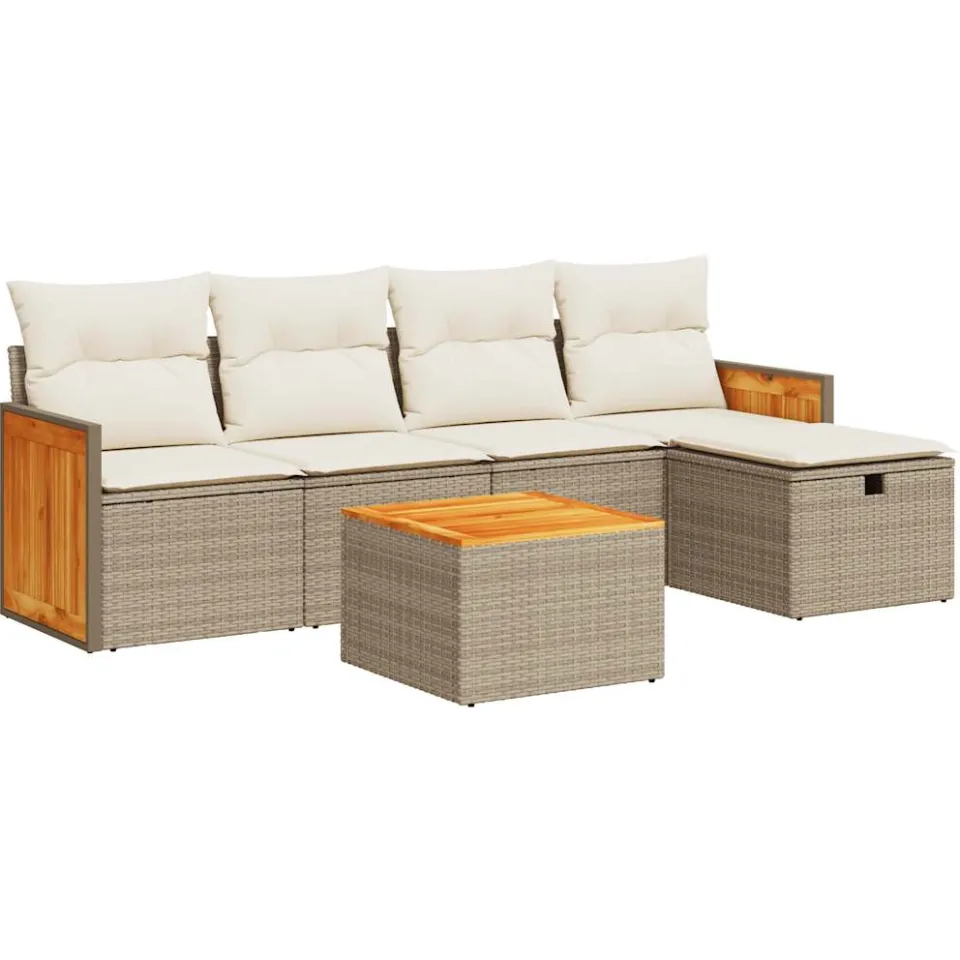vidaXL 6-delige Loungeset met kussens poly rattan beige, foto 3