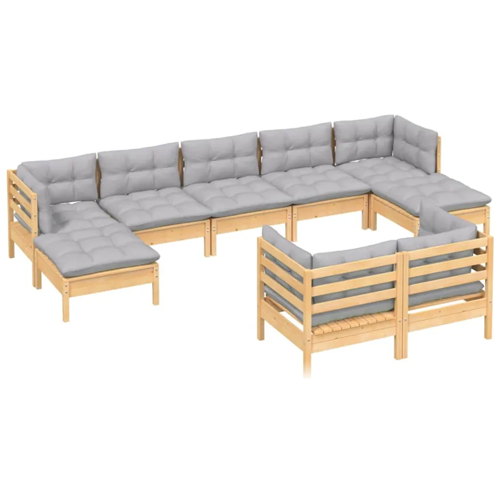 vidaXL 9-delige Loungeset met grijze kussens massief grenenhout Grijs