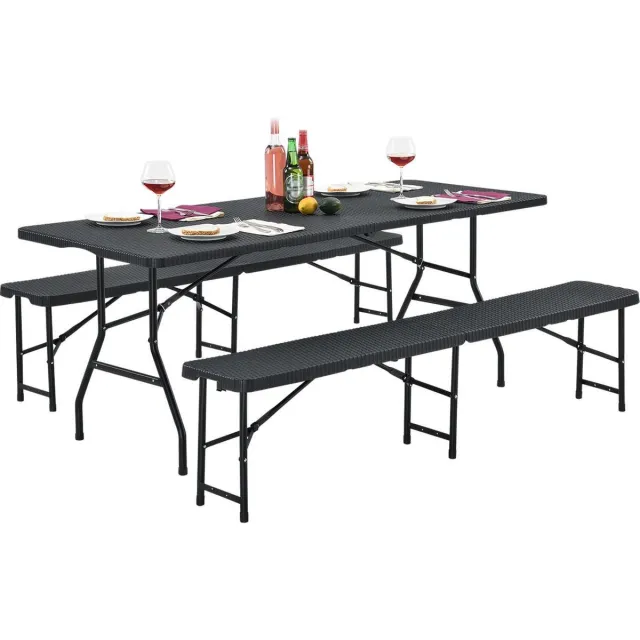 Juskys Biertafel / bierbank / bierset - Kunststof / Rotan - 3-delig - Zwart