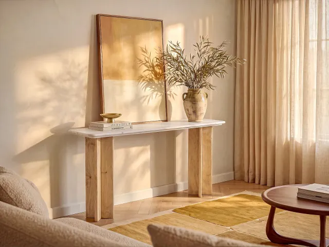 Vente-unique Sidetable van marmer en mangohout - Wit en Licht Naturel - NEYALIA