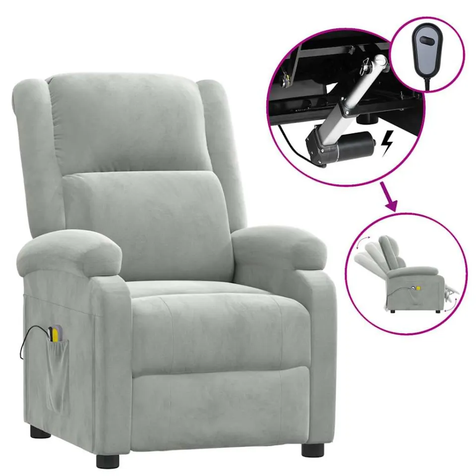 vidaXL Massagestoel elektrisch fluweel lichtgrijs grijs, foto 3