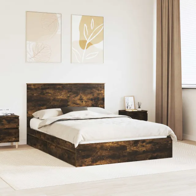 vidaXL Opslag bed met lade Gerookt eiken 135 x 190 cm Bewerkt hout Bruin