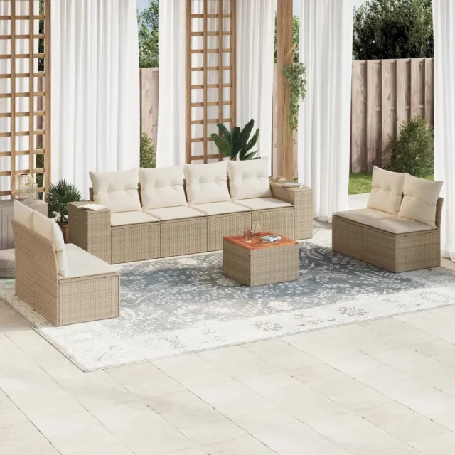 vidaXL 9-delige Loungeset met kussens poly rattan beige, foto 2