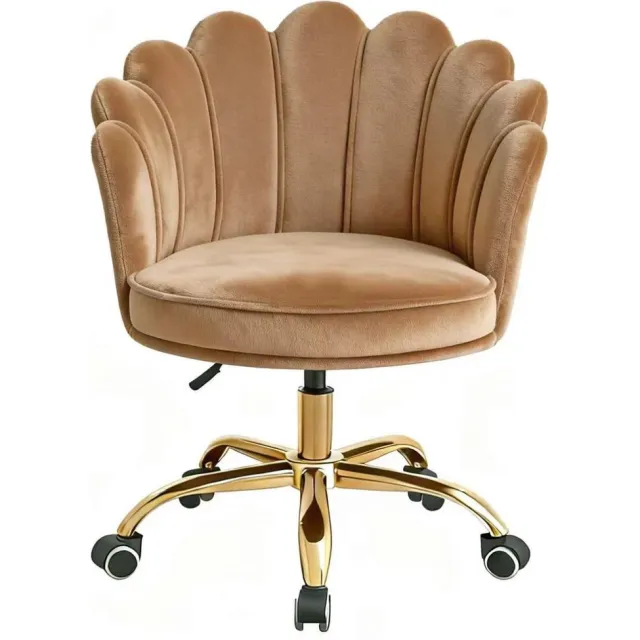 Russle Velvet Shell Bureaustoel Lichtbruin met Goudkleurig onderstel - Fluweel - Schelp - Beauty - Salon - Studeren - Slaapkamer - Kaptafel - Visagie - Kapper - Trendy - Verrijdbaar - Verstelbaar Lichtbruin/Goud