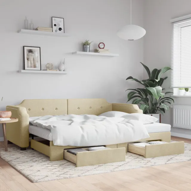 vidaXL Slaapbank met onderschuifbed en lades 100x200 cm stof crème