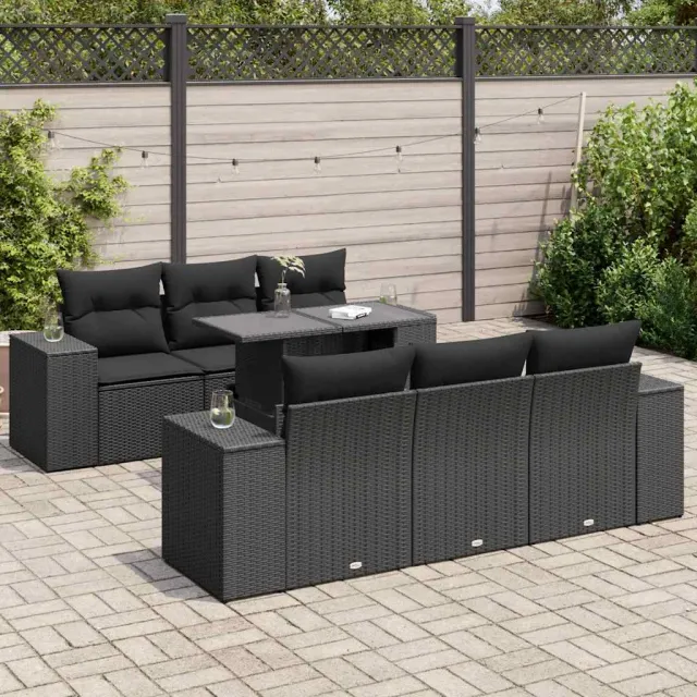 vidaXL 7-delige Loungeset met kussens poly rattan zwart, foto 2