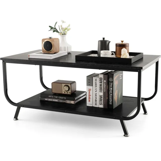 Costway Salontafel in marmerlook, woonkamertafel met onderste plank, salontafel met metalen frame, koffietafel voor woonkamer, kantoor, 105 x 55 x 46,5 cm (zwart)