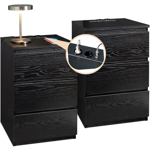 Casamoda Nachtkastjes set van 2 - H55 x B40 x D35 cm - 3 Lades - Stopcontact en USB - Draagkracht 45 kg - Moderne Bijzettafel - Zwart