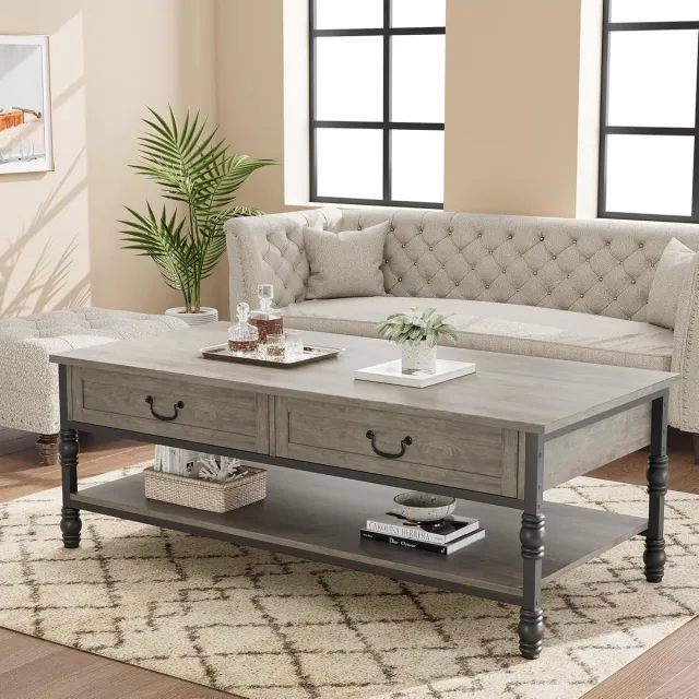 HOERFURIY Salontafel met Lades en Open Vakken - Vintage & Industrieel Design - Grijze Houtlook met Metaal - 104 x 56 x 46 cm Grijs