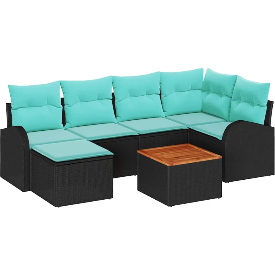 vidaXL Tuinbankenset 7 st Zwart en Turquoise poly rattan