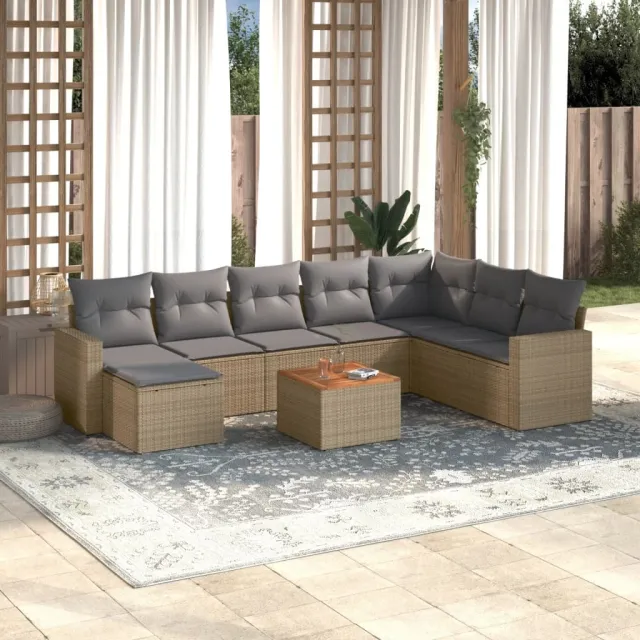 vidaXL 9-delige Loungeset met kussens poly rattan gemengd beige, foto 2