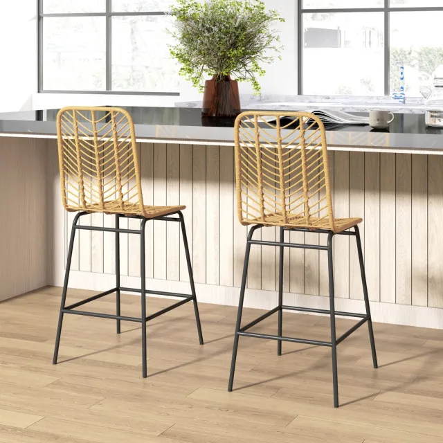 STILVORA Barkruk Set Van 2 Met Rugleuning En Voetensteun Boho Voor Keuken En Bar Rotan Metalen Onderstel Geel Zwart 102 Cm Yellow