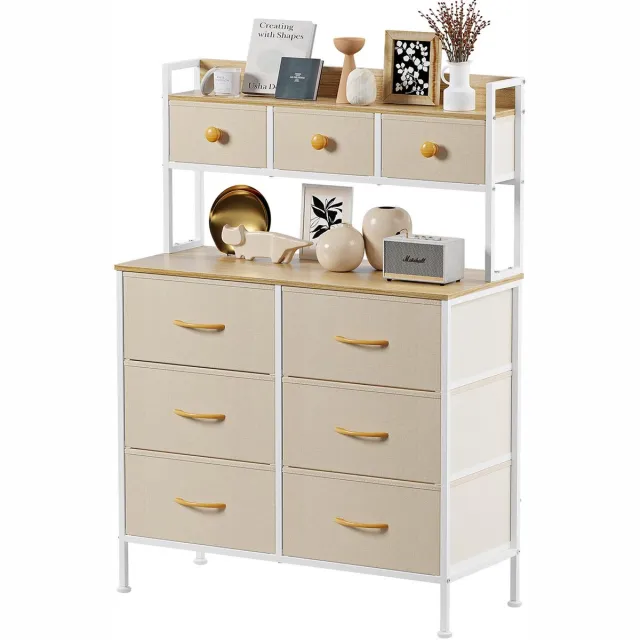 Nettaeseno Ladekast met 9 Stoffen Lades - Opbergkast met metalen Frame Slaapkamer - 35x80x130 cm - Beige