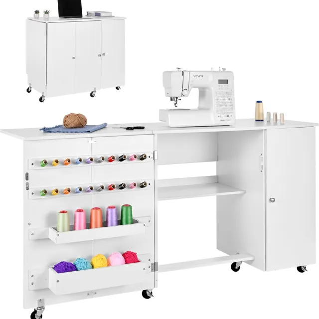 Vevor Naaitafel, Naaikast met Wielen, Houten Frame, Planken & Magnetische deur, Naaimachinetafel, Multifunctionele Tafel, Draagvermogen 40 Kg, voor Handwerkstation en Bijzettafel, Wit