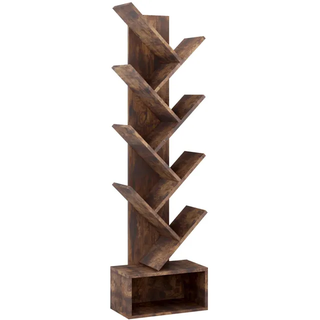 Tremeo Boomvormige Boekenkast - Smalle Staande Boekenplank - Boekenrek - 8 Ruime Opbergvakken - Bruin Houtlook - 20x37x120 cm