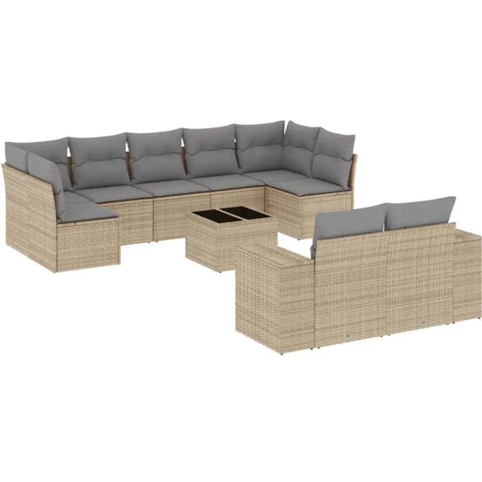vidaXL 10-delige Loungeset met kussens poly rattan beige