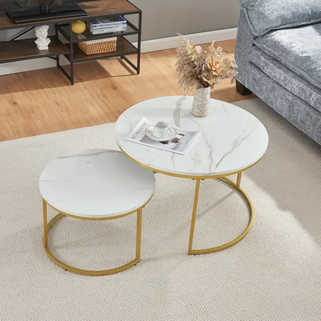 en.casa Salontafel Christchurch set van 2 rond marmer wit en goudkleurig [en.casa]