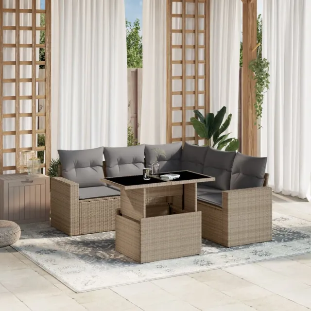 vidaXL 6-delige Loungeset met kussens poly rattan beige, foto 2