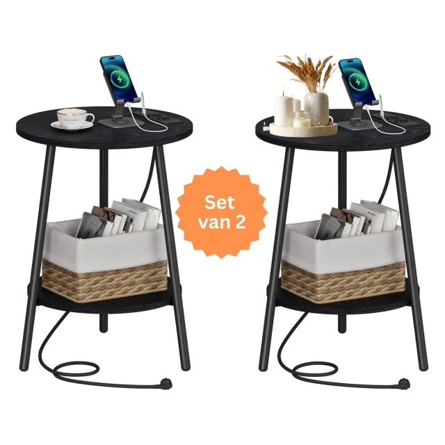 Signature Home Fiji Nachtkastje Set van 2 - Bijzettafel Rond met laadstation - ronde salontafel met 2 niveaus - banktafel - Zwart - 40D x 40B x 50H cm