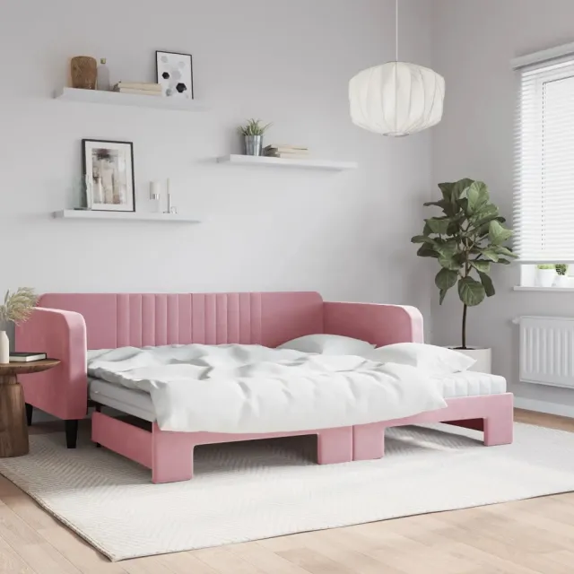 vidaXL Slaapbank onderschuifbed en matrassen 100x200 cm fluweel roze
