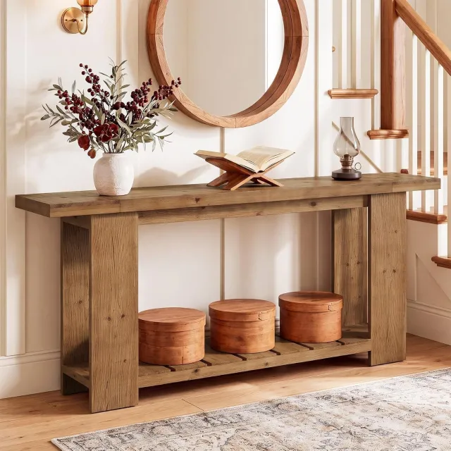 Tribesigns massief hout Consoletafel - 200x30x80 cm - smalle sidetable met 2 opbergniveaus - Console Tafel voor Hal, Woonkamer, Entree - Bruin