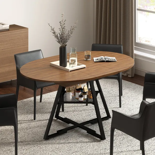 Puluomis Uitschuifbare Eettafel - 100-130 x 100 cm - Keukentafel - met metalen poten - Opbergplank - rond tafelblad voor 4–6 personen - Industrieel design - bruin
