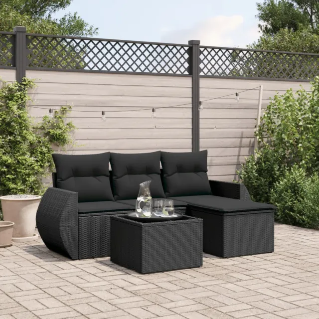 vidaXL 5-delige Loungeset met kussens poly rattan zwart, foto 2
