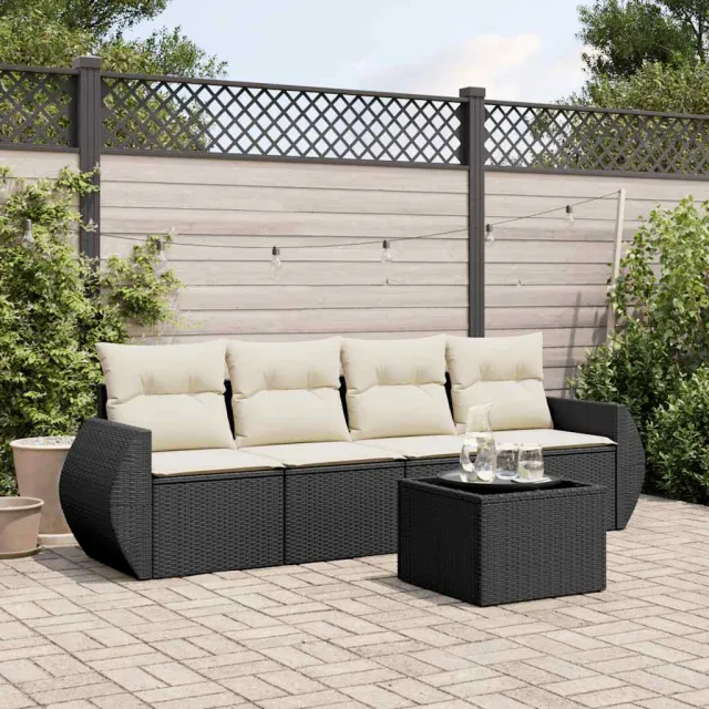 vidaXL 5-delige Loungeset met kussens poly rattan zwart, foto 2