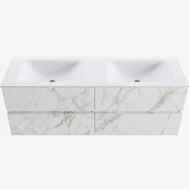 Mondiaz VICA 140cm badmeubel onderkast Carrara 4 lades. Wastafel CLOUD dubbel zonder kraangat, kleur Talc. Cararra